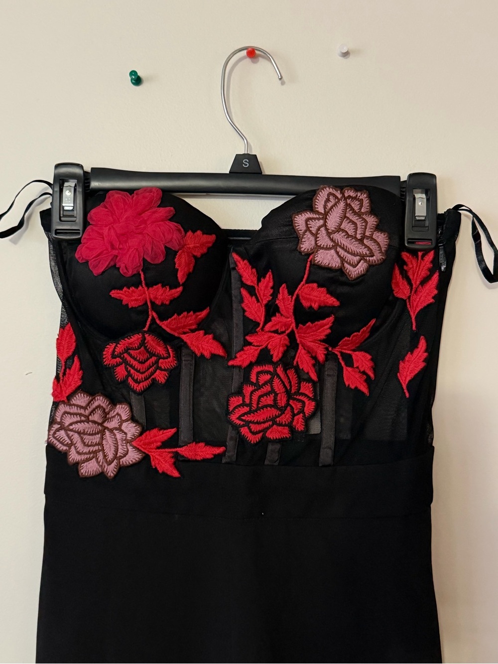 bebe Black Embroidered Bustier Jumpsuit with Red & Pink Floral Appliqué